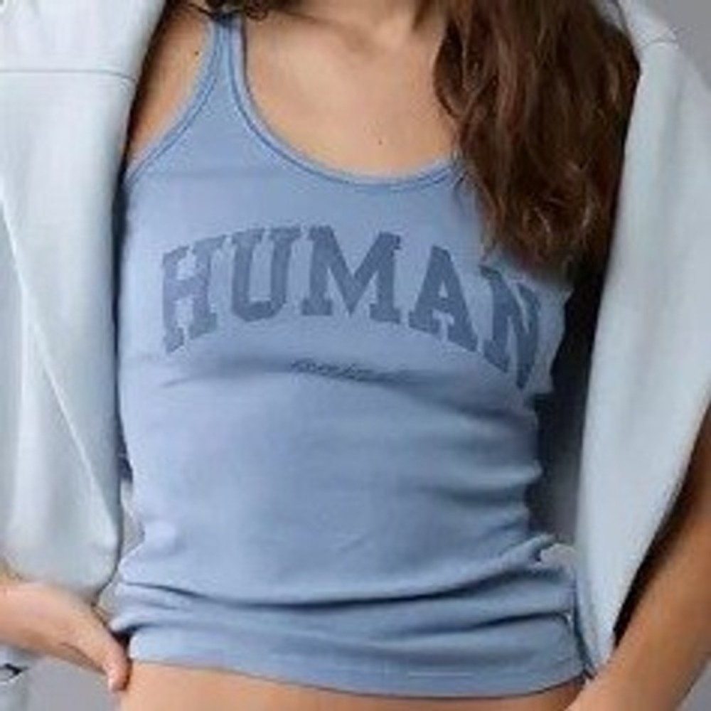 American Eagle Pride Human Boyfriend Tank Top Large Faded Blue